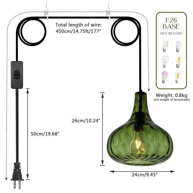 Alt view image 2 of 7 - Vintage Plug in Pendant Light Fixture - Hammered Dark Green Glass Shade,Mid-Century Modern Plug in Hanging Pendant Lamp with 14.7 ft Cord for Living Room Corner Room Bedroom Farmhouse