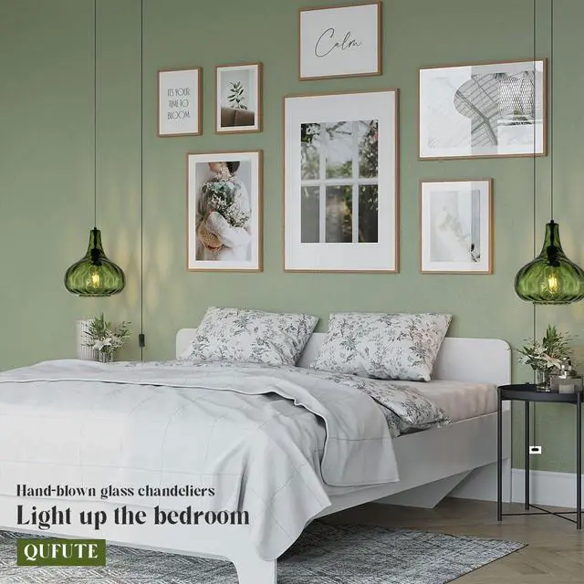 Alt view image 4 of 7 - Vintage Plug in Pendant Light Fixture - Hammered Dark Green Glass Shade,Mid-Century Modern Plug in Hanging Pendant Lamp with 14.7 ft Cord for Living Room Corner Room Bedroom Farmhouse