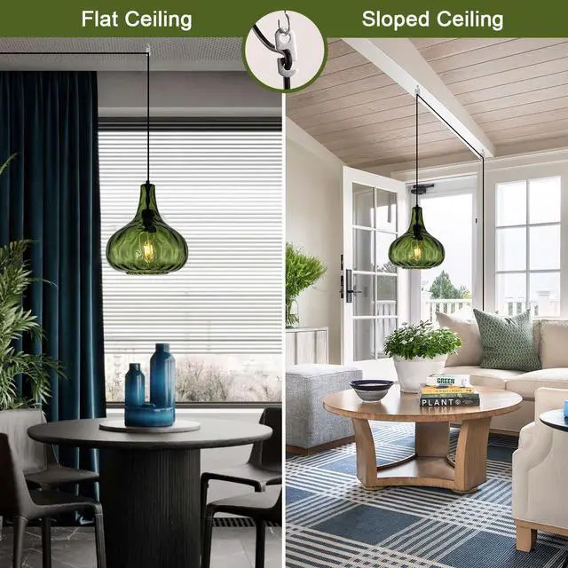 Alt view image 5 of 7 - Vintage Plug in Pendant Light Fixture - Hammered Dark Green Glass Shade,Mid-Century Modern Plug in Hanging Pendant Lamp with 14.7 ft Cord for Living Room Corner Room Bedroom Farmhouse