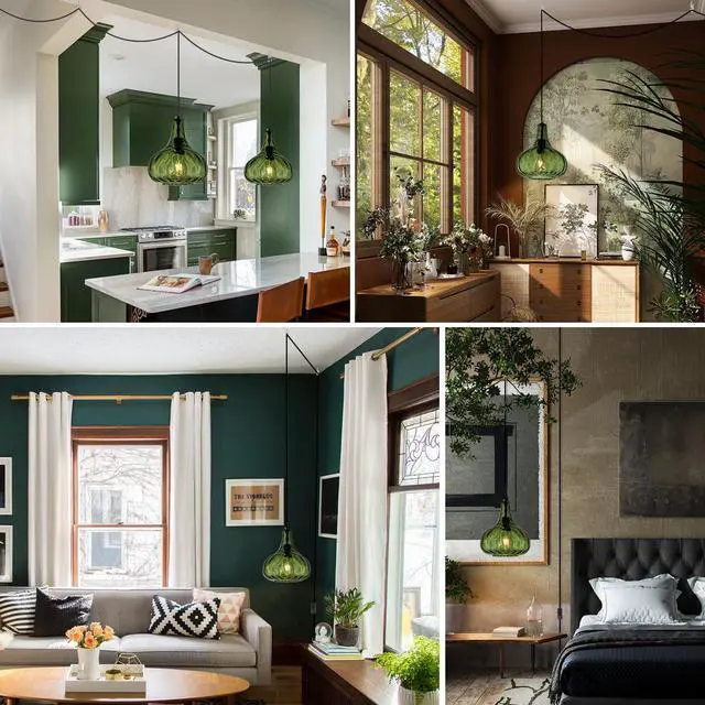 Alt view image 7 of 7 - Vintage Plug in Pendant Light Fixture - Hammered Dark Green Glass Shade,Mid-Century Modern Plug in Hanging Pendant Lamp with 14.7 ft Cord for Living Room Corner Room Bedroom Farmhouse