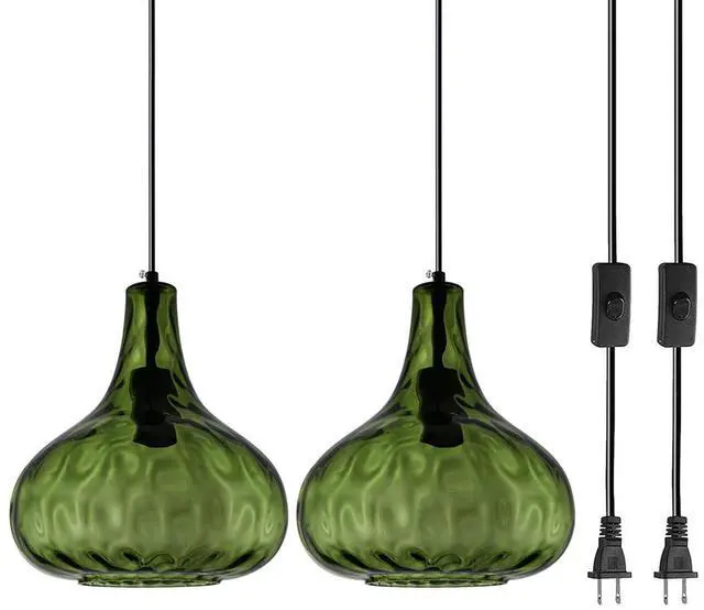 Main image of Plug in Pendant Light Fixture,Vintage Hanging Lamp with Cord Hammered Green Glass Globe Shade Mid-Century Modern Ceilig Pendant Lamp Plug in Hanging Lamp for Bedroom Dining Living Room