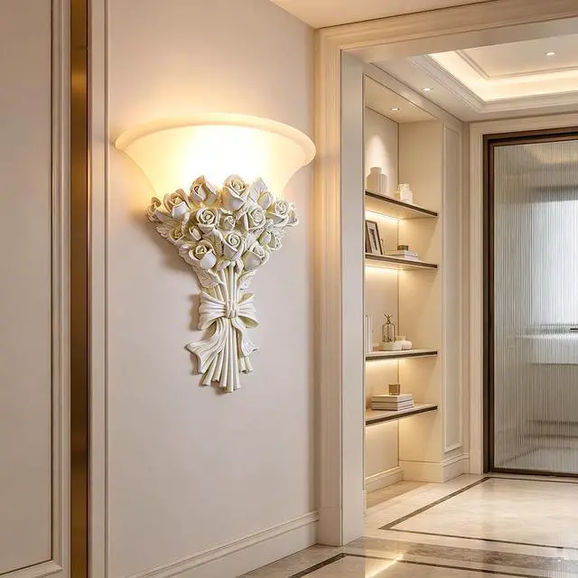 Alt view image 4 of 7 - White Flower Wall Sconce 1-Light Antique Rose Resin Flower Wall Lamp with Frosted Glass Shade, E26 Hardwired Light Fixture Vintage Indoor Art Deco Lighting for Bedroom Living Room