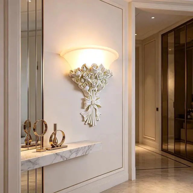 Alt view image 5 of 7 - White Flower Wall Sconce 1-Light Antique Rose Resin Flower Wall Lamp with Frosted Glass Shade, E26 Hardwired Light Fixture Vintage Indoor Art Deco Lighting for Bedroom Living Room