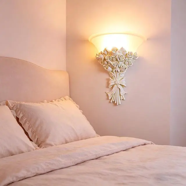 Alt view image 7 of 7 - White Flower Wall Sconce 1-Light Antique Rose Resin Flower Wall Lamp with Frosted Glass Shade, E26 Hardwired Light Fixture Vintage Indoor Art Deco Lighting for Bedroom Living Room
