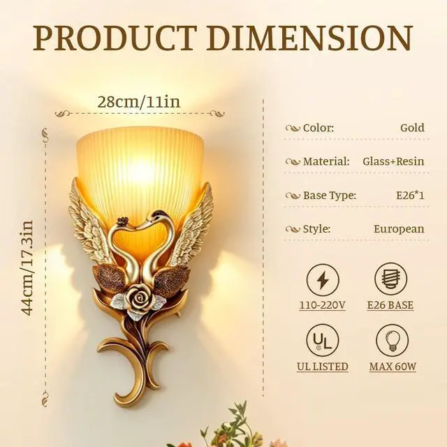 Alt view image 2 of 7 - European Wall Sconces Antique Gold Light Fixtures Vintage Wall Lights Creative Resin Peacock Shape Design Frosted Glass Lamp Shade Indoor Deco Wall Lighting for Living Room Hallway