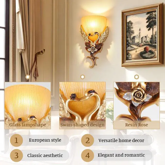 Alt view image 3 of 7 - European Wall Sconces Antique Gold Light Fixtures Vintage Wall Lights Creative Resin Peacock Shape Design Frosted Glass Lamp Shade Indoor Deco Wall Lighting for Living Room Hallway