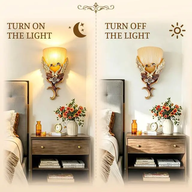 Alt view image 4 of 7 - European Wall Sconces Antique Gold Light Fixtures Vintage Wall Lights Creative Resin Peacock Shape Design Frosted Glass Lamp Shade Indoor Deco Wall Lighting for Living Room Hallway