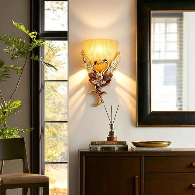 Alt view image 5 of 7 - European Wall Sconces Antique Gold Light Fixtures Vintage Wall Lights Creative Resin Peacock Shape Design Frosted Glass Lamp Shade Indoor Deco Wall Lighting for Living Room Hallway
