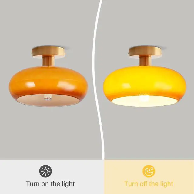 Alt view image 3 of 7 - Gold Flush Mount Ceiling Light Orange Glass Flush Mount Lamp Mid Century Modern Ceiling Lights Fixture with Dome Glass Shade 11" Indoor Close to Lamp Hallway Bedroom Dining Room Kitchen