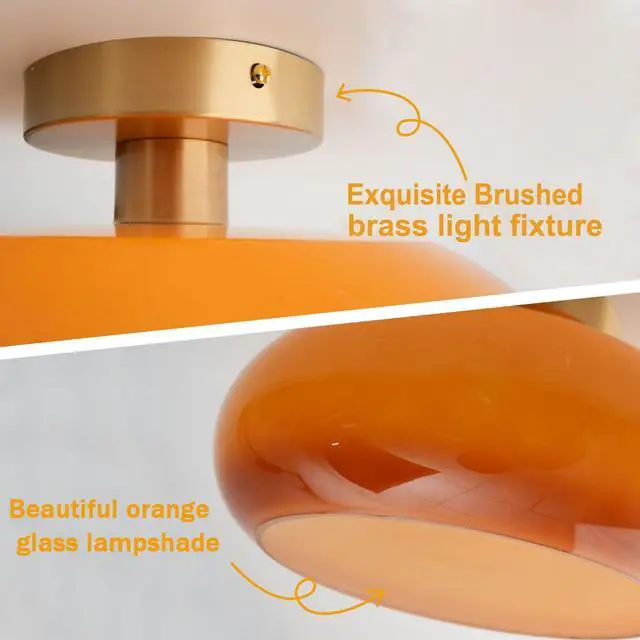 Alt view image 3 of 7 - Orange Glass Flush Mount Ceiling Light Modern Close to Ceiling Light Fixtures with 11" Milk Glass Shade Dome Flush Mount Lamp Gold Brass Ceiling Lamp for Hallway Bedroom Kitchen Sink