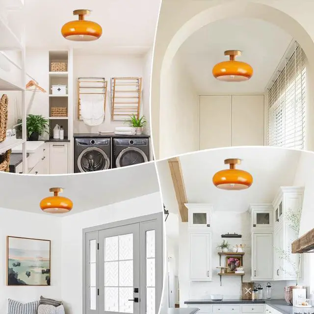 Alt view image 7 of 7 - Gold Flush Mount Ceiling Light Orange Glass Flush Mount Lamp Mid Century Modern Ceiling Lights Fixture with Dome Glass Shade 11" Indoor Close to Lamp Hallway Bedroom Dining Room Kitchen