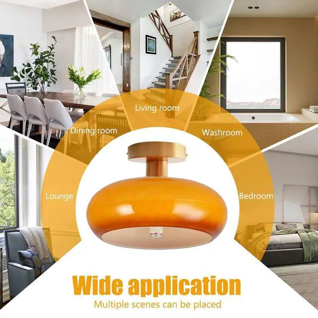 Alt view image 5 of 7 - Gold Flush Mount Ceiling Light Orange Glass Flush Mount Lamp Mid Century Modern Ceiling Lights Fixture with Dome Glass Shade 11" Indoor Close to Lamp Hallway Bedroom Dining Room Kitchen