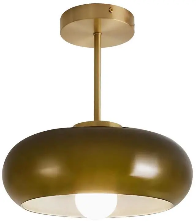 Main image of 11" Dark Green Glass Ceiling Light Mid Century Close to Ceiling Light Fixture with 4.7" Gold Brass Rod Round Dome Flush Mount Lamp Vintage Hallway Lights Fixtures Bedroom Farmhouse