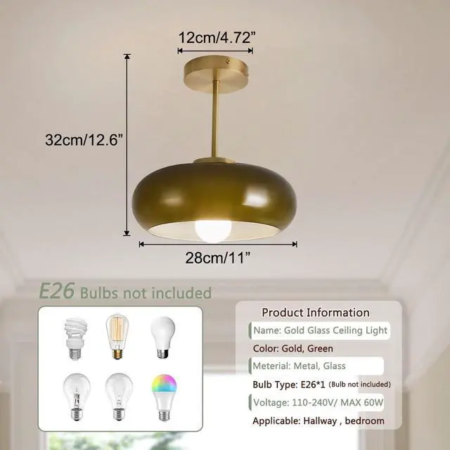 Alt view image 2 of 7 - 11" Dark Green Glass Ceiling Light Mid Century Close to Ceiling Light Fixture with 4.7" Gold Brass Rod Round Dome Flush Mount Lamp Vintage Hallway Lights Fixtures Bedroom Farmhouse