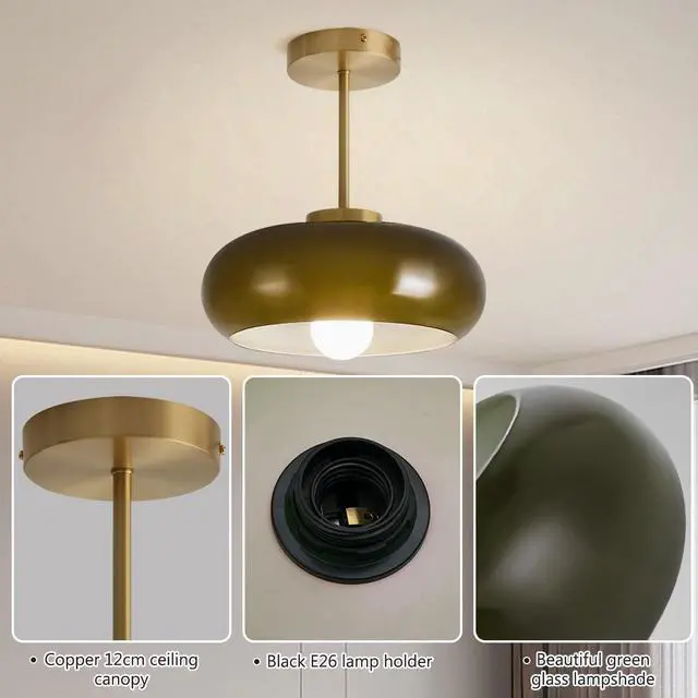 Alt view image 3 of 7 - 11" Dark Green Glass Ceiling Light Mid Century Close to Ceiling Light Fixture with 4.7" Gold Brass Rod Round Dome Flush Mount Lamp Vintage Hallway Lights Fixtures Bedroom Farmhouse