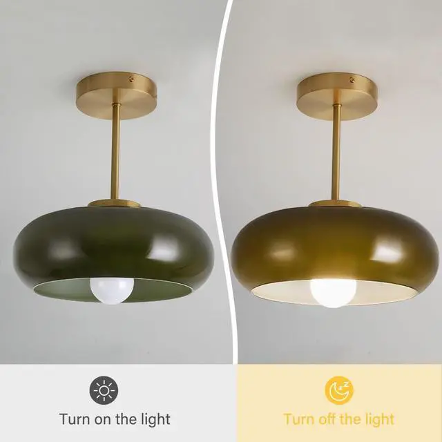 Alt view image 4 of 7 - 11" Dark Green Glass Ceiling Light Mid Century Close to Ceiling Light Fixture with 4.7" Gold Brass Rod Round Dome Flush Mount Lamp Vintage Hallway Lights Fixtures Bedroom Farmhouse