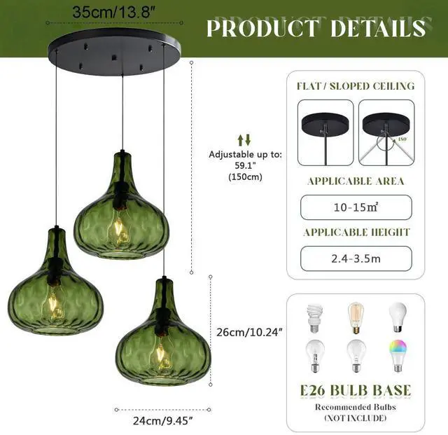 Alt view image 2 of 7 - Green Glass Chandelier Cluster 3-Lights Mid Century Pendant Lights | Modern Chandeliers Sputnik 3-Head Green 9.45 Globe Hammered Shade Adjustable Height Dining Room ,Kitchen Sink ,Farmhouse