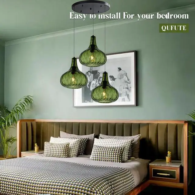 Alt view image 4 of 7 - Green Glass Chandelier Cluster 3-Lights Mid Century Pendant Lights | Modern Chandeliers Sputnik 3-Head Green 9.45 Globe Hammered Shade Adjustable Height Dining Room ,Kitchen Sink ,Farmhouse