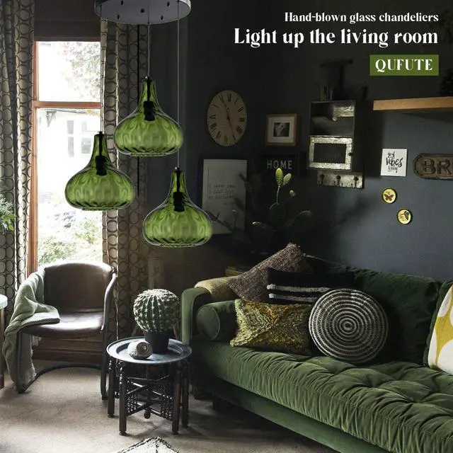 Alt view image 5 of 7 - Green Glass Chandelier Cluster 3-Lights Mid Century Pendant Lights | Modern Chandeliers Sputnik 3-Head Green 9.45 Globe Hammered Shade Adjustable Height Dining Room ,Kitchen Sink ,Farmhouse