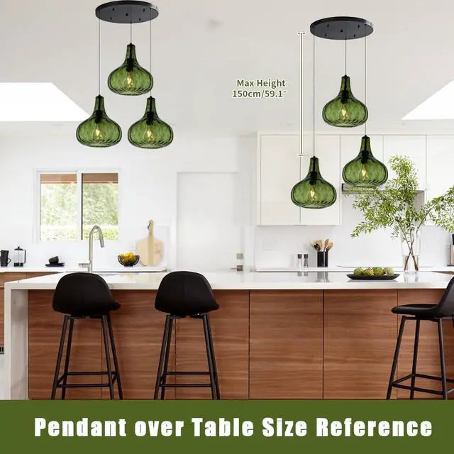 Alt view image 7 of 7 - Green Glass Chandelier Cluster 3-Lights Mid Century Pendant Lights | Modern Chandeliers Sputnik 3-Head Green 9.45 Globe Hammered Shade Adjustable Height Dining Room ,Kitchen Sink ,Farmhouse
