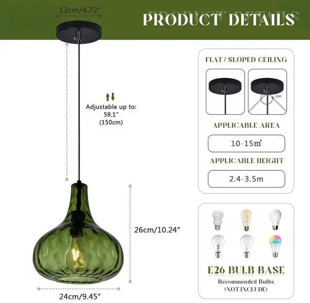 Alt view image 2 of 7 - Green Glass Pendant Lighting Farmhouse Vintage Glass Globe Pendant Light Fixture, Mid-Century Modern Pendant Lamp Black Finish 9.45 Shade for Kitchen Island Dining Room