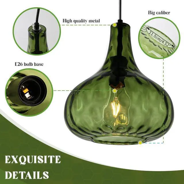 Alt view image 3 of 7 - Green Glass Pendant Lighting Farmhouse Vintage Glass Globe Pendant Light Fixture, Mid-Century Modern Pendant Lamp Black Finish 9.45 Shade for Kitchen Island Dining Room