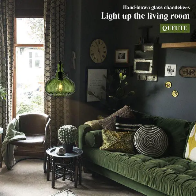 Alt view image 4 of 7 - Green Glass Pendant Lighting Farmhouse Vintage Glass Globe Pendant Light Fixture, Mid-Century Modern Pendant Lamp Black Finish 9.45 Shade for Kitchen Island Dining Room