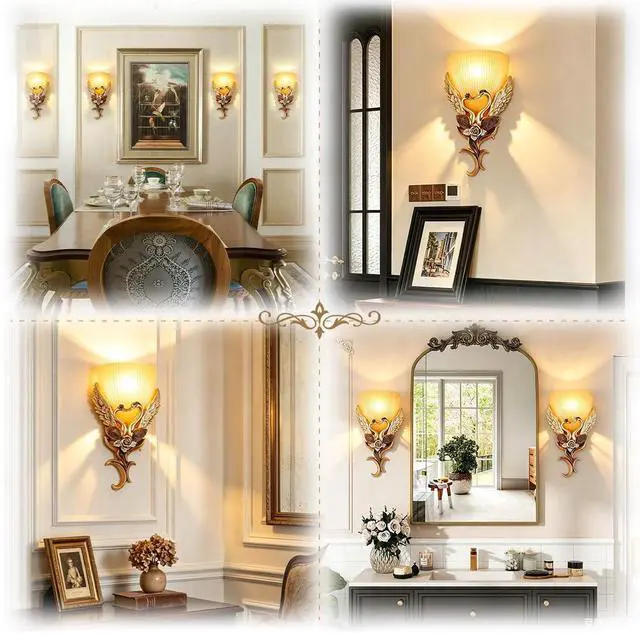 Alt view image 7 of 7 - European Wall Sconces Antique Gold Light Fixtures Vintage Wall Lights Creative Resin Peacock Shape Design Frosted Glass Lamp Shade Indoor Deco Wall Lighting for Living Room Hallway