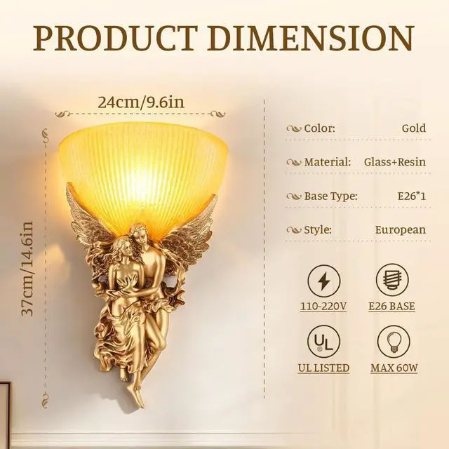 Alt view image 2 of 7 - Antique Wall Sconce Light Vintage Sconces with Frosted Glass Shade Gold Angel Shape Design Mid Century Modern Wall Light Unique Resin Finish Indoor Deco Lighting for Living Room Bedroom