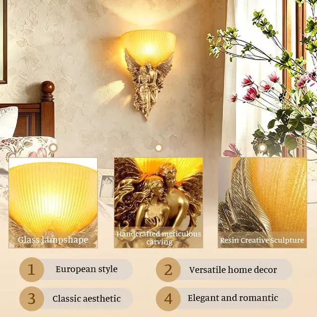 Alt view image 3 of 7 - Antique Wall Sconce Light Vintage Sconces with Frosted Glass Shade Gold Angel Shape Design Mid Century Modern Wall Light Unique Resin Finish Indoor Deco Lighting for Living Room Bedroom