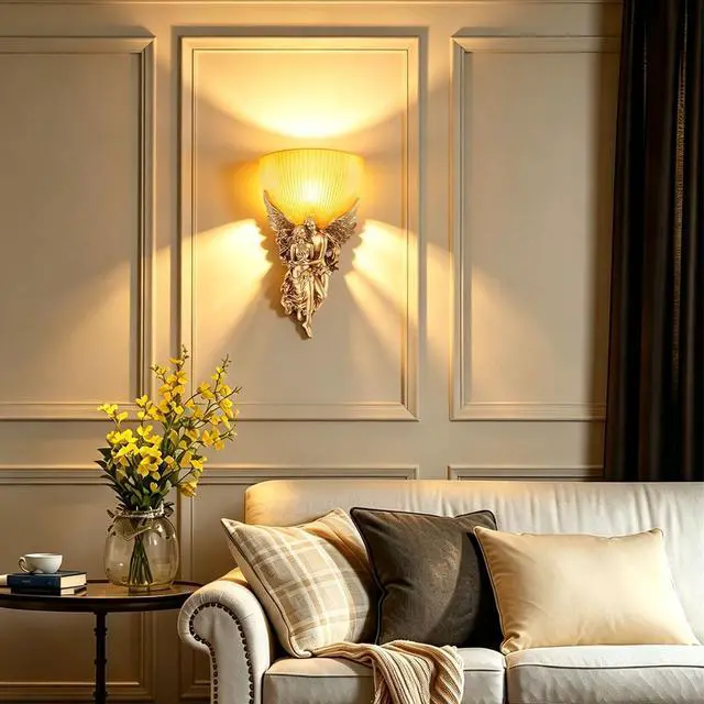 Alt view image 4 of 7 - Antique Wall Sconce Light Vintage Sconces with Frosted Glass Shade Gold Angel Shape Design Mid Century Modern Wall Light Unique Resin Finish Indoor Deco Lighting for Living Room Bedroom