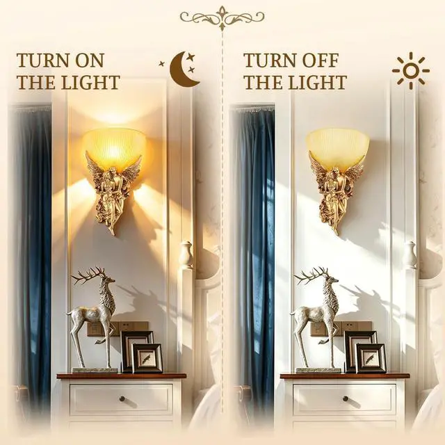 Alt view image 5 of 7 - Antique Wall Sconce Light Vintage Sconces with Frosted Glass Shade Gold Angel Shape Design Mid Century Modern Wall Light Unique Resin Finish Indoor Deco Lighting for Living Room Bedroom