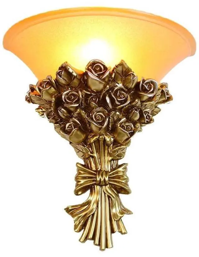 Main image of Vintage Wall Sconce Roses 1-Light Antique Gold Wall Sconce with Frosted Glass Shade, Unique Resin Golden Flower Style Mid Century Modern Wall Light for Living Room Hallway Bedroom
