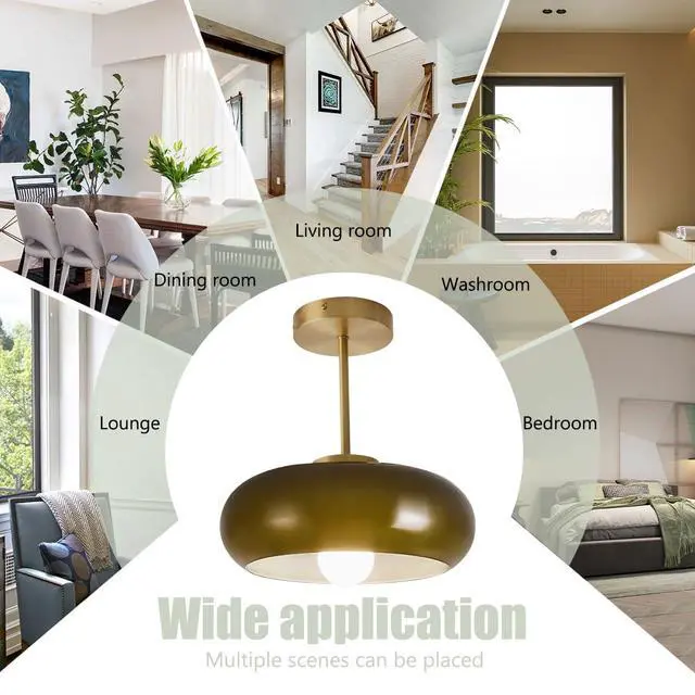 Alt view image 7 of 7 - 11" Dark Green Glass Ceiling Light Mid Century Close to Ceiling Light Fixture with 4.7" Gold Brass Rod Round Dome Flush Mount Lamp Vintage Hallway Lights Fixtures Bedroom Farmhouse