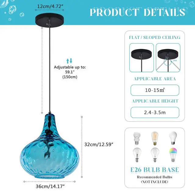 Alt view image 2 of 7 - Lighting Modern Globe Pendant Light Fixtures Blue Glass Pendant Lights Vintage 1-Light Single Kitchen Island Hanging Light Mouth-Blown Glass Lampshade Mid Century Black Hanging Lights