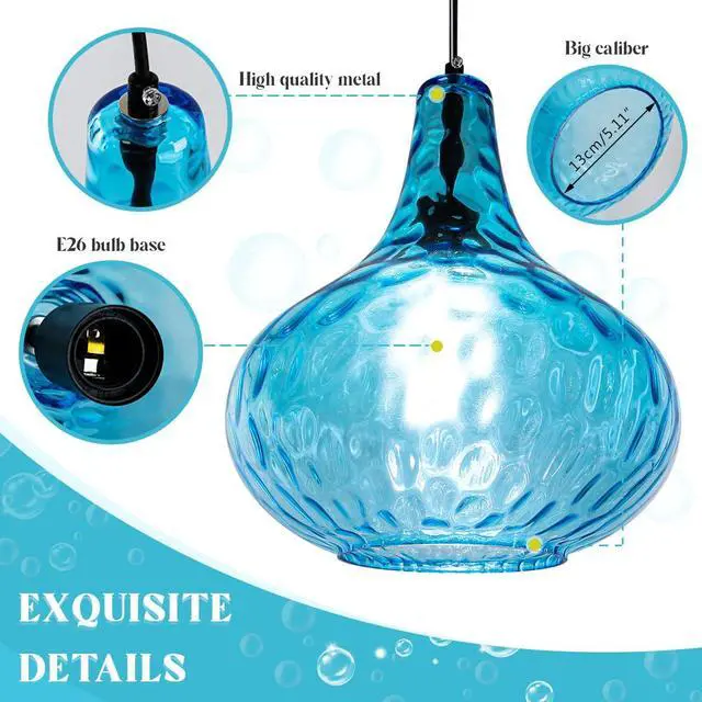 Alt view image 3 of 7 - Lighting Modern Globe Pendant Light Fixtures Blue Glass Pendant Lights Vintage 1-Light Single Kitchen Island Hanging Light Mouth-Blown Glass Lampshade Mid Century Black Hanging Lights