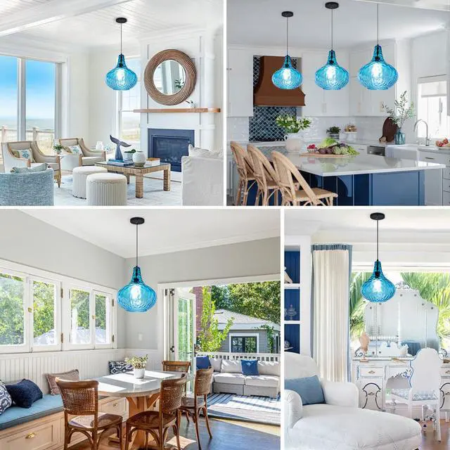 Alt view image 4 of 7 - Lighting Modern Globe Pendant Light Fixtures Blue Glass Pendant Lights Vintage 1-Light Single Kitchen Island Hanging Light Mouth-Blown Glass Lampshade Mid Century Black Hanging Lights