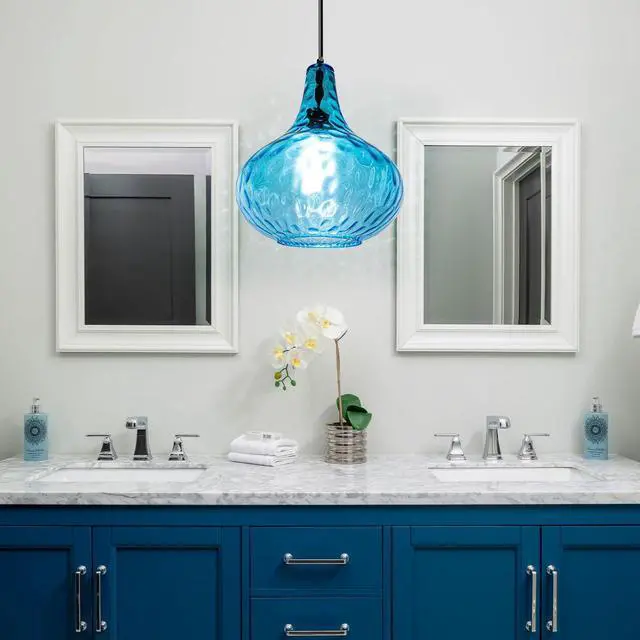 Alt view image 6 of 7 - Lighting Modern Globe Pendant Light Fixtures Blue Glass Pendant Lights Vintage 1-Light Single Kitchen Island Hanging Light Mouth-Blown Glass Lampshade Mid Century Black Hanging Lights