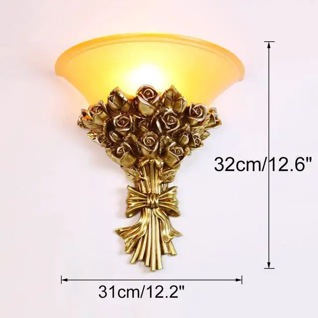 Alt view image 2 of 7 - Vintage Wall Sconce Roses 1-Light Antique Gold Wall Sconce with Frosted Glass Shade, Unique Resin Golden Flower Style Mid Century Modern Wall Light for Living Room Hallway Bedroom