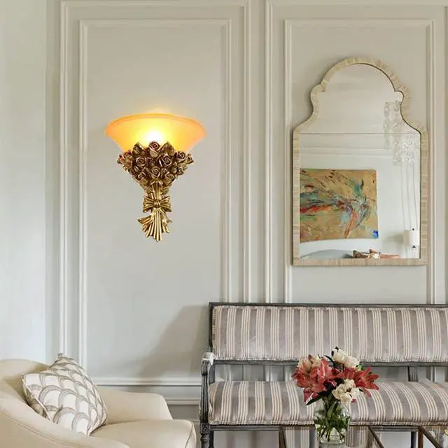 Alt view image 3 of 7 - Vintage Wall Sconce Roses 1-Light Antique Gold Wall Sconce with Frosted Glass Shade, Unique Resin Golden Flower Style Mid Century Modern Wall Light for Living Room Hallway Bedroom