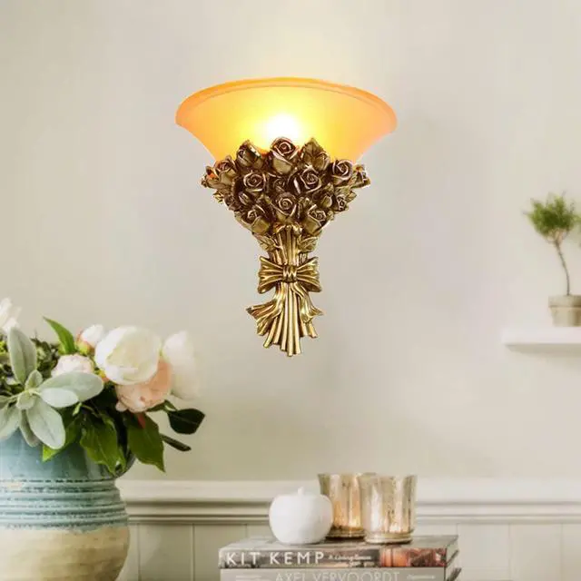 Alt view image 4 of 7 - Vintage Wall Sconce Roses 1-Light Antique Gold Wall Sconce with Frosted Glass Shade, Unique Resin Golden Flower Style Mid Century Modern Wall Light for Living Room Hallway Bedroom