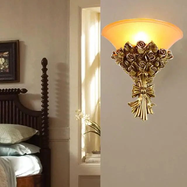 Alt view image 6 of 7 - Vintage Wall Sconce Roses 1-Light Antique Gold Wall Sconce with Frosted Glass Shade, Unique Resin Golden Flower Style Mid Century Modern Wall Light for Living Room Hallway Bedroom
