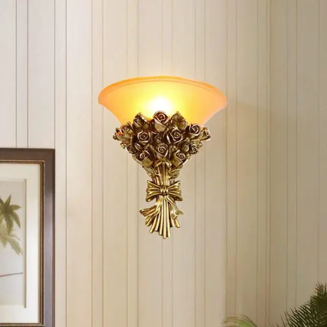 Alt view image 5 of 7 - Vintage Wall Sconce Roses 1-Light Antique Gold Wall Sconce with Frosted Glass Shade, Unique Resin Golden Flower Style Mid Century Modern Wall Light for Living Room Hallway Bedroom