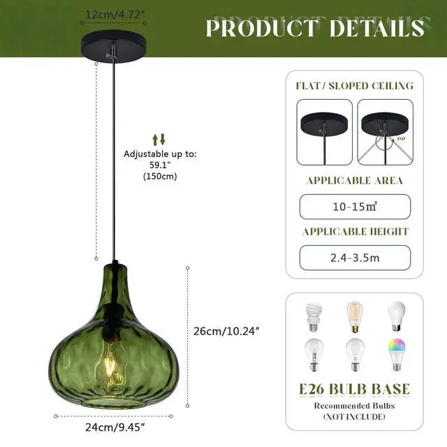 Alt view image 2 of 7 - Vintage Pendant Lights Green Glass Hanging Lights Mid-Century Modern Pendant Light Fixtures Black Finish 9.45 Globe Hammered Shade Adjustable Pendant Lighting Kitchen Sink Farmhouse