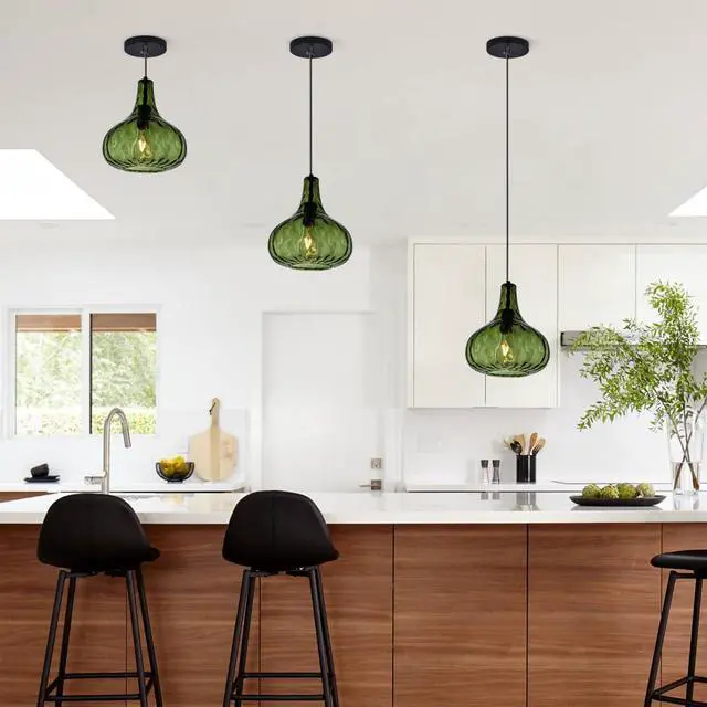 Alt view image 4 of 7 - Vintage Pendant Lights Green Glass Hanging Lights Mid-Century Modern Pendant Light Fixtures Black Finish 9.45 Globe Hammered Shade Adjustable Pendant Lighting Kitchen Sink Farmhouse
