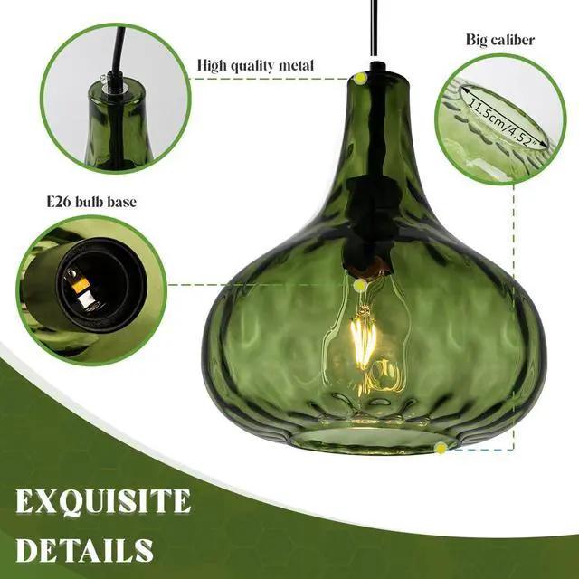 Alt view image 3 of 7 - Vintage Pendant Lights Green Glass Hanging Lights Mid-Century Modern Pendant Light Fixtures Black Finish 9.45 Globe Hammered Shade Adjustable Pendant Lighting Kitchen Sink Farmhouse