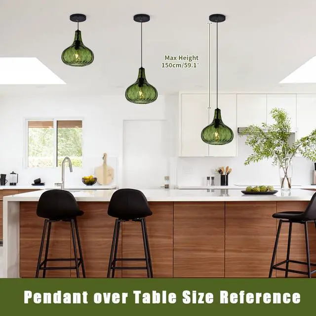 Alt view image 5 of 7 - Vintage Pendant Lights Green Glass Hanging Lights Mid-Century Modern Pendant Light Fixtures Black Finish 9.45 Globe Hammered Shade Adjustable Pendant Lighting Kitchen Sink Farmhouse