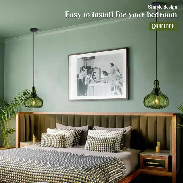 Alt view image 6 of 7 - Vintage Pendant Lights Green Glass Hanging Lights Mid-Century Modern Pendant Light Fixtures Black Finish 9.45 Globe Hammered Shade Adjustable Pendant Lighting Kitchen Sink Farmhouse