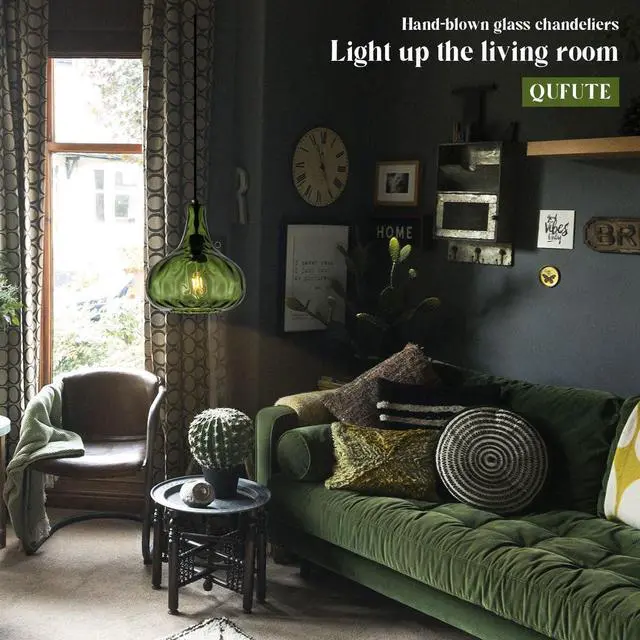 Alt view image 7 of 7 - Vintage Pendant Lights Green Glass Hanging Lights Mid-Century Modern Pendant Light Fixtures Black Finish 9.45 Globe Hammered Shade Adjustable Pendant Lighting Kitchen Sink Farmhouse
