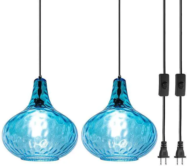 Main image of 2-Pack Blue Hanging Lamp Vintage Plug in Pendant Light Fixture Globe Glass Plug in Ceilig Pendant Lamp with Cord Hammered Shade Plugin Hanging Lamp for Bedroom Dining Living Room